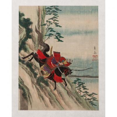 Peinture (aquarelle) sur soie originale, Le Guerrier Minamoto Yoshitsune, Par Ando Hiroshige I (1797 - 1858)