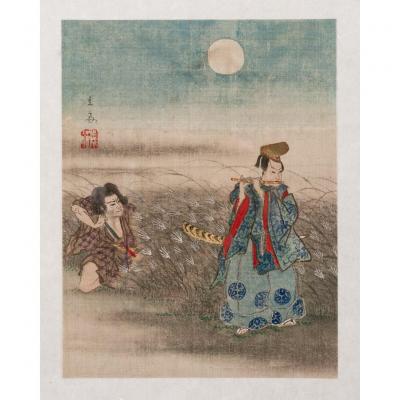 Painting (watercolor) On Original Silk, Harano No Tsuki, Moonlight, By Ando Hiroshige I (1797 - 1858)