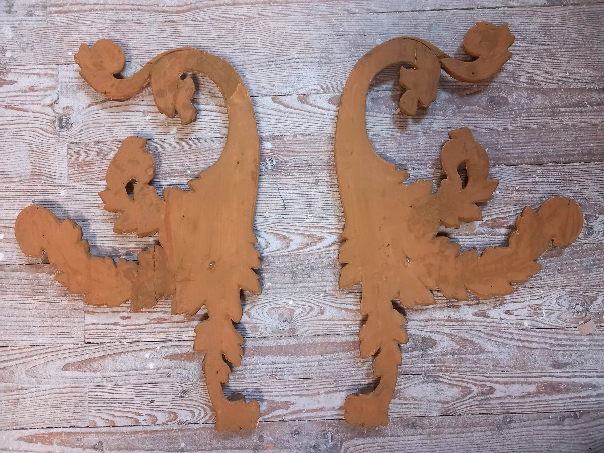Pair Of Ornaments In Carved Wood, Gilded With Leaf-photo-6