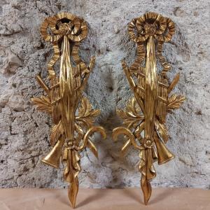 Pair Of Golden Wood Ornaments