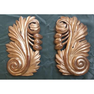 Pair Of Golden Wood Ornaments