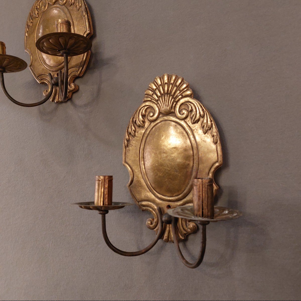Couple Of Wall Lamp In Bronze And Hammered Metal-photo-2