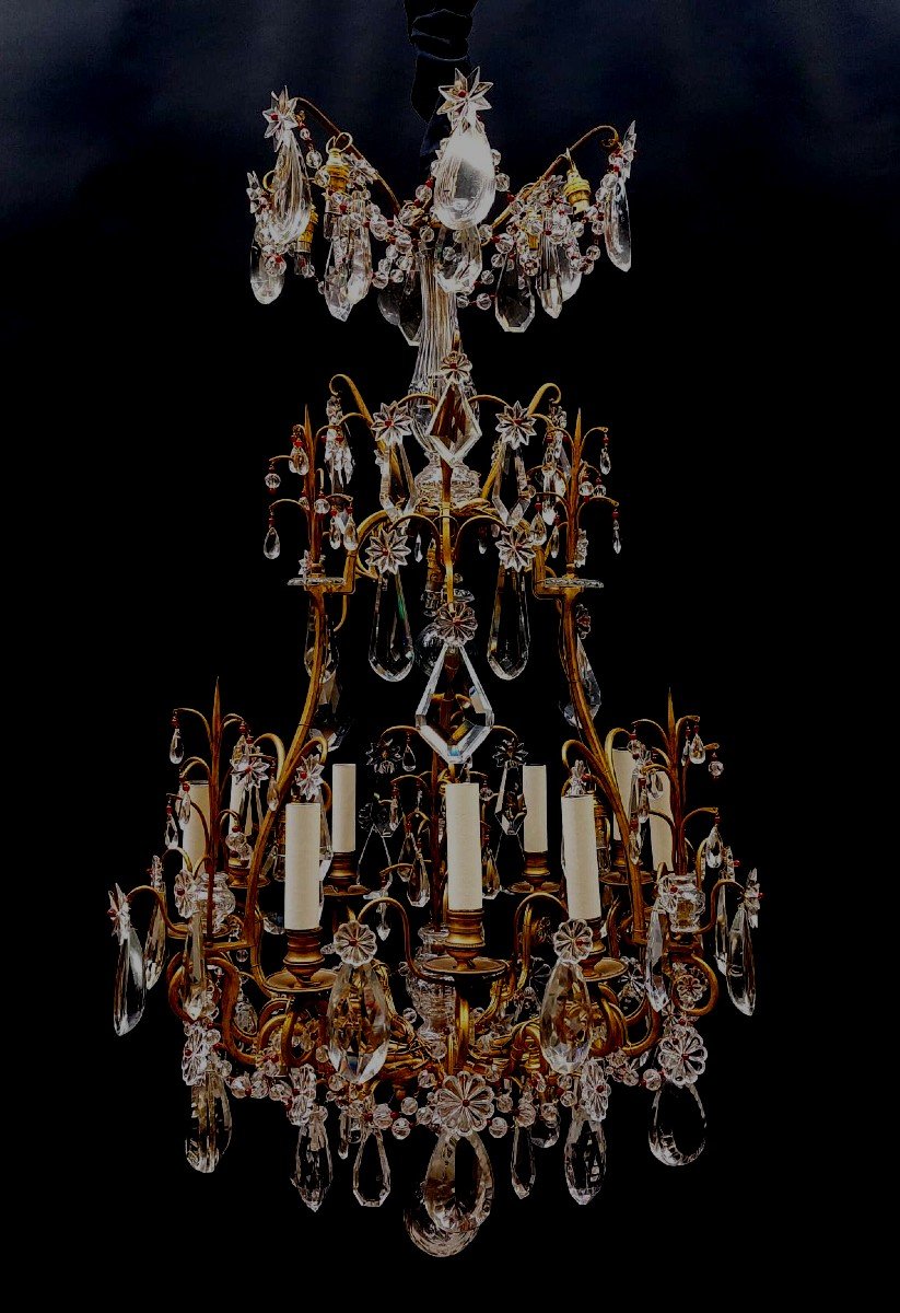 Lustre Cage Style Louis XV, En Bronze Et Cristal