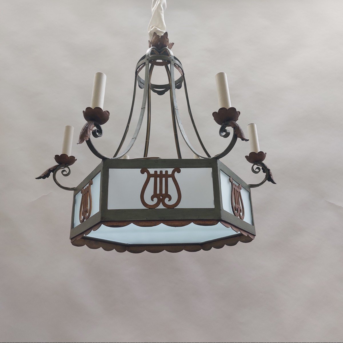 Lustre En Fer Forgé Avec Décor De Lyre, Début 20éme-photo-2