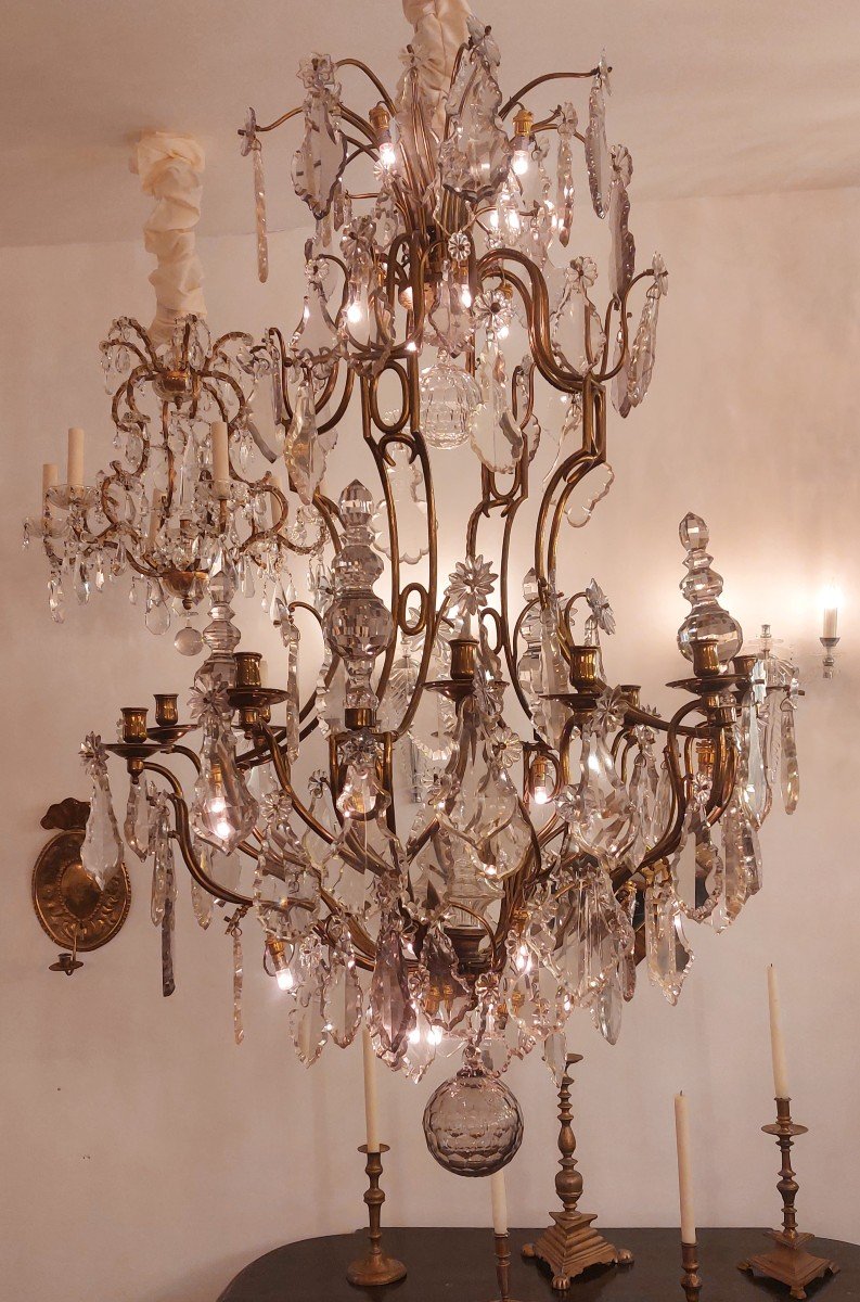 Lustre Cage,  Bronze Et Cristal, 19'eme, France