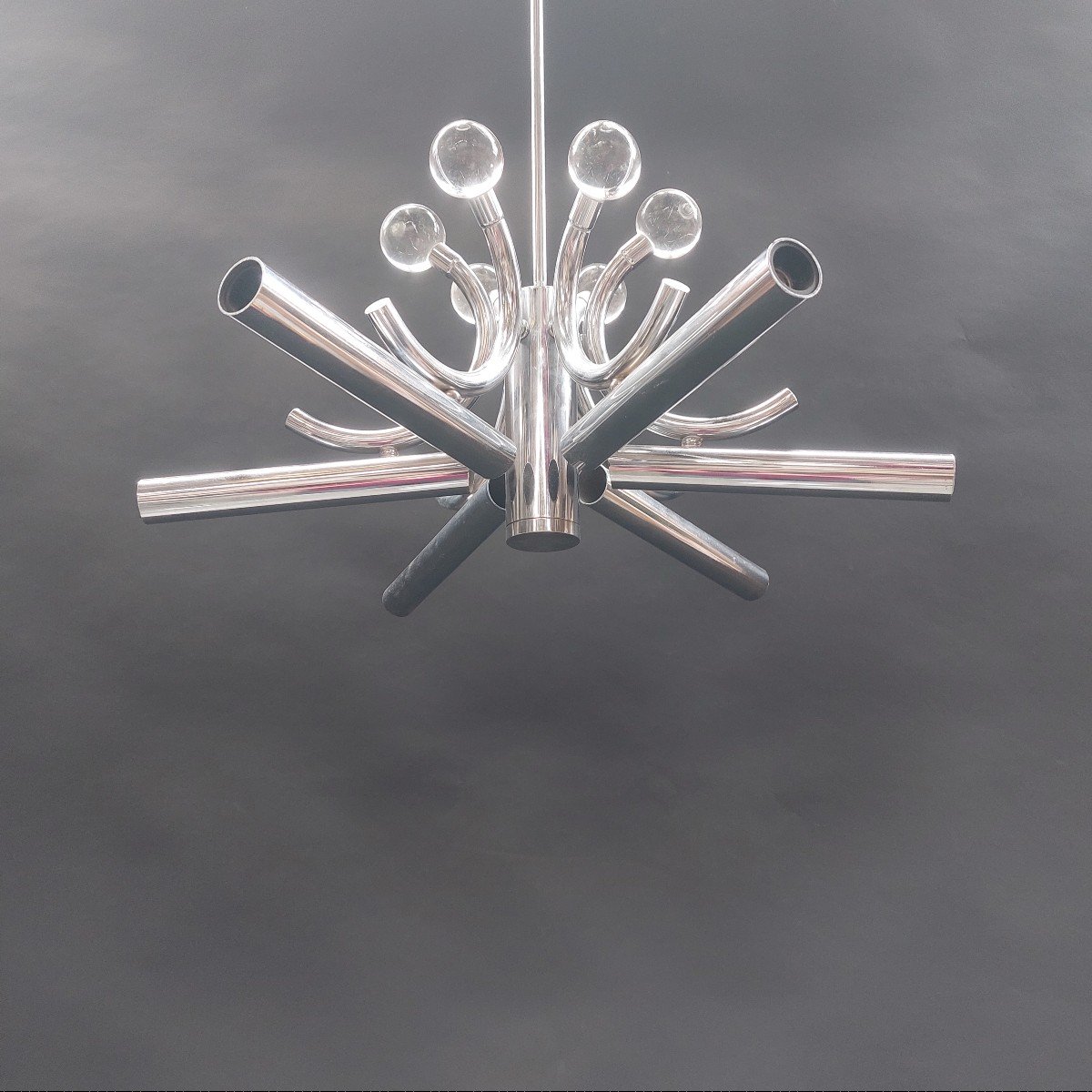 Vintage Chandelier, Sputnic In Chrome And Crystal Ball., Circa 1965-photo-2