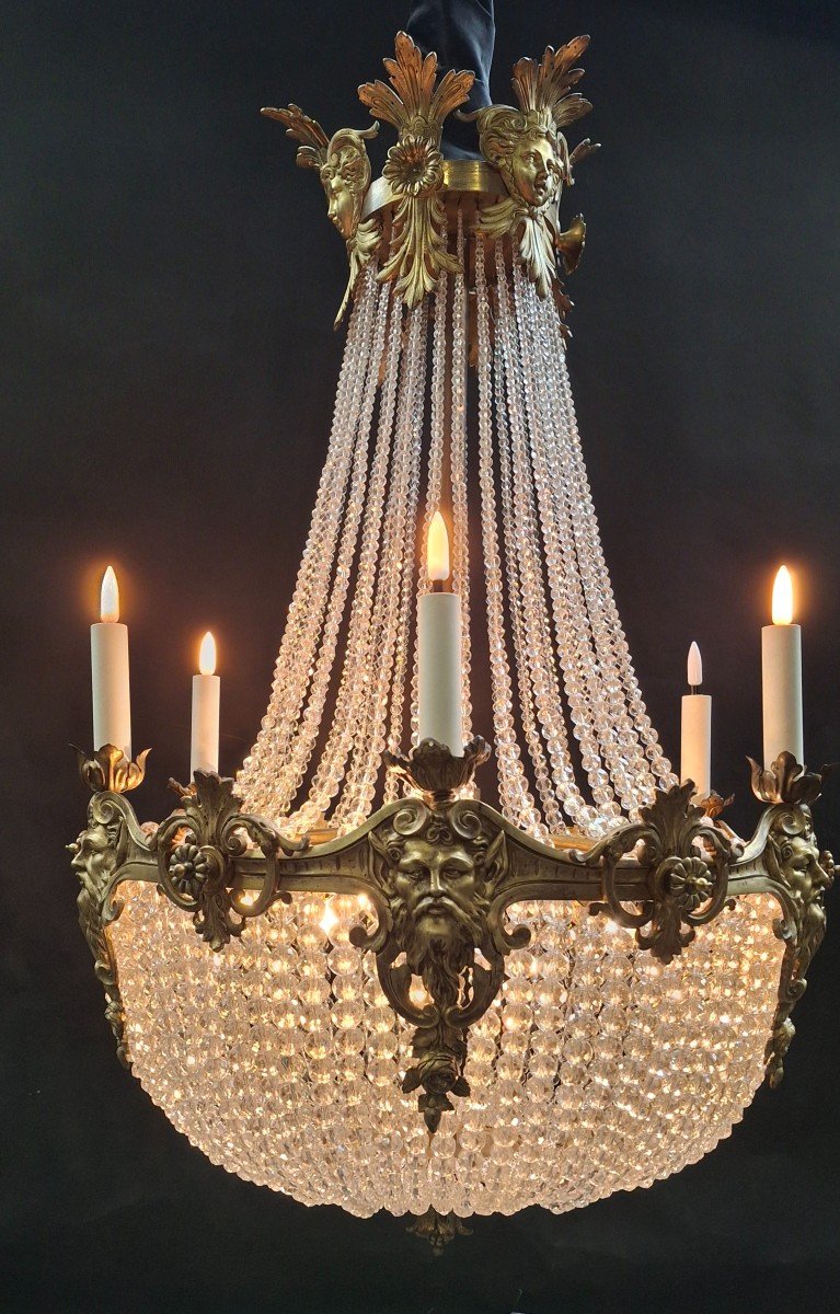 Lustre , Sac à Perles, Bronze, France Vers 1900