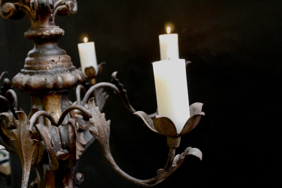Italian Gild Wood Chandelier, 19e C-photo-1