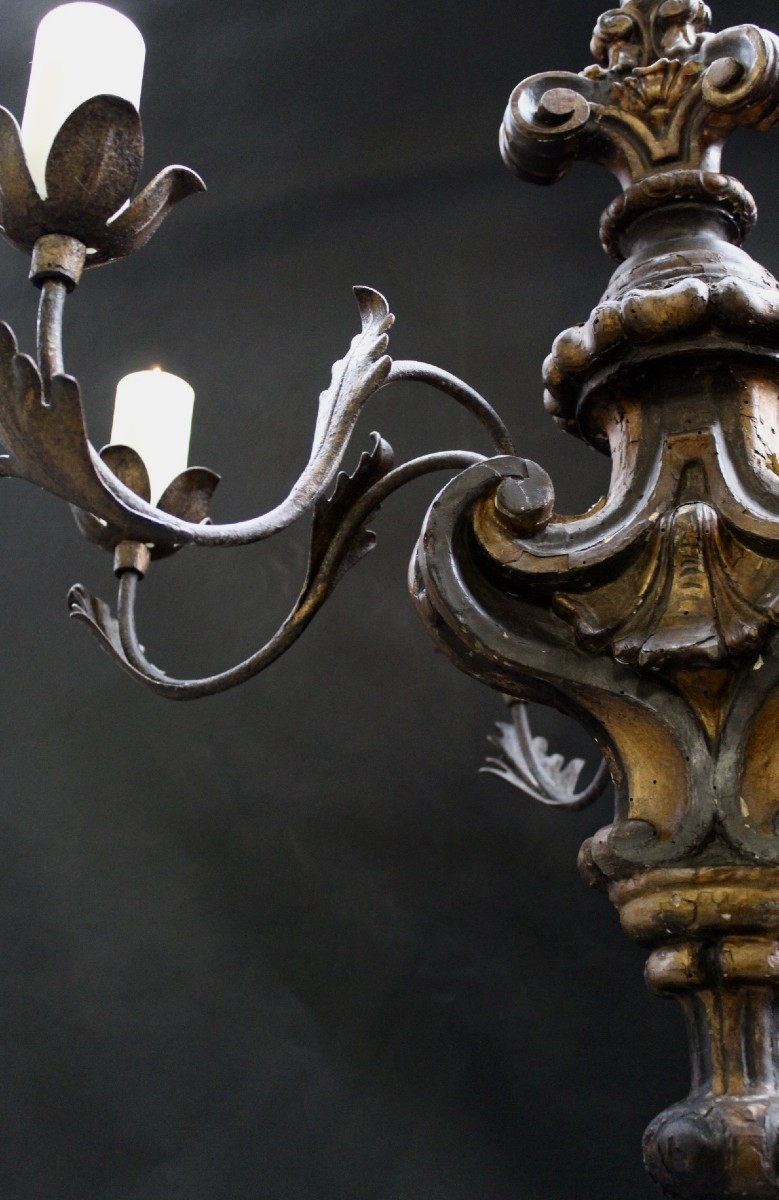 Italian Gild Wood Chandelier, 19e C-photo-6