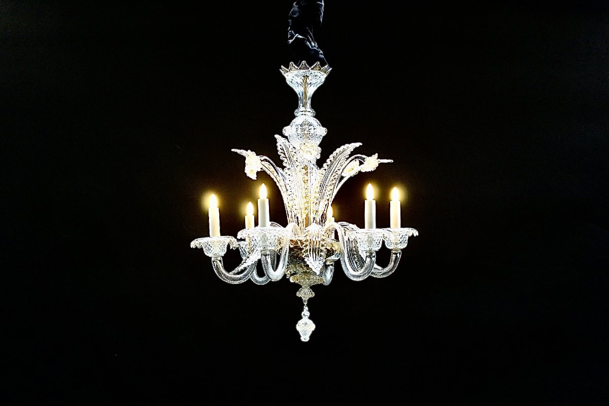 lustre Murano, annéé 1900, verre clair et doré-photo-3