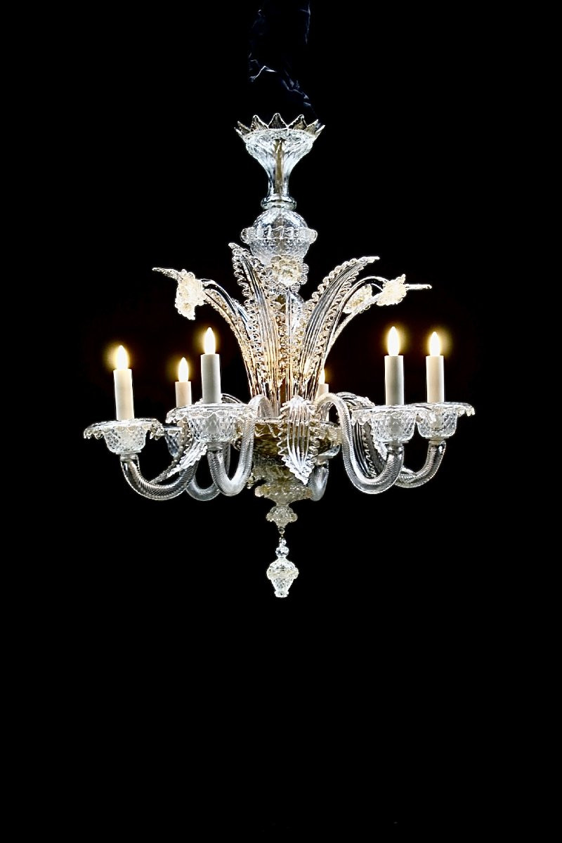 lustre Murano, annéé 1900, verre clair et doré-photo-4