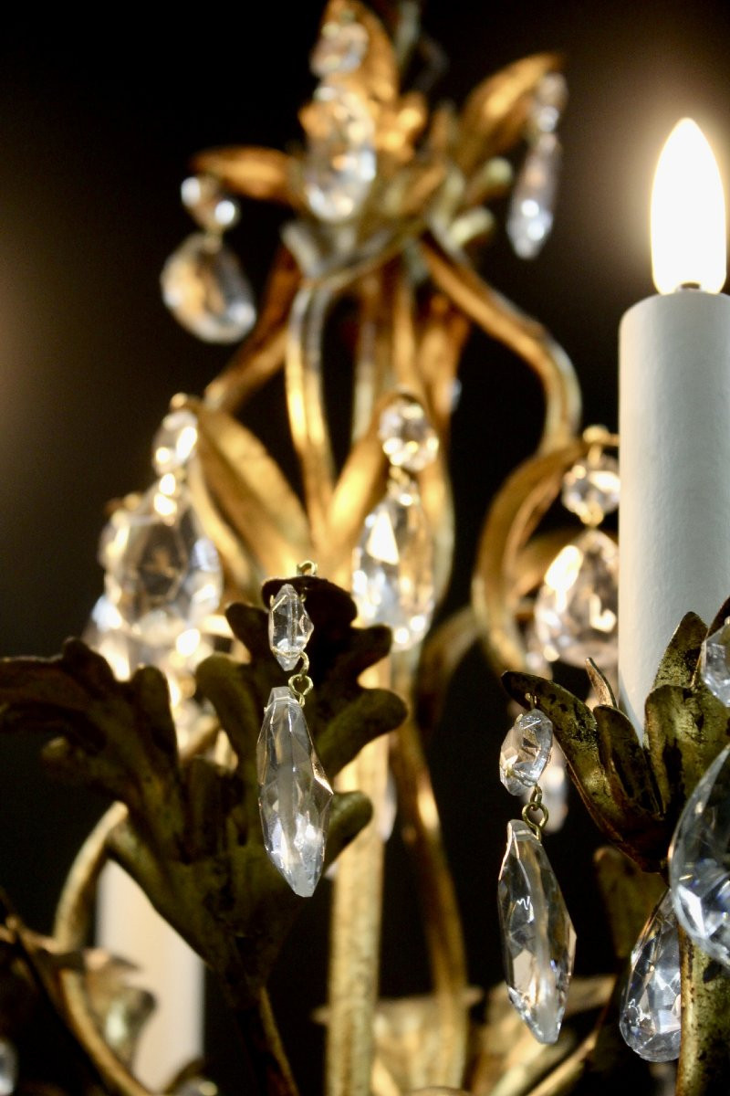 Wrought Iron Chandelier, Gilded Sheet Metal, Italy Ca. 1960-photo-2