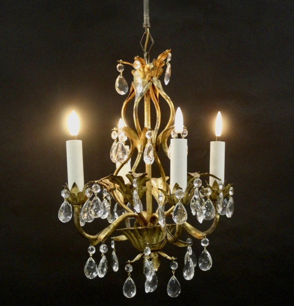 Wrought Iron Chandelier, Gilded Sheet Metal, Italy Ca. 1960