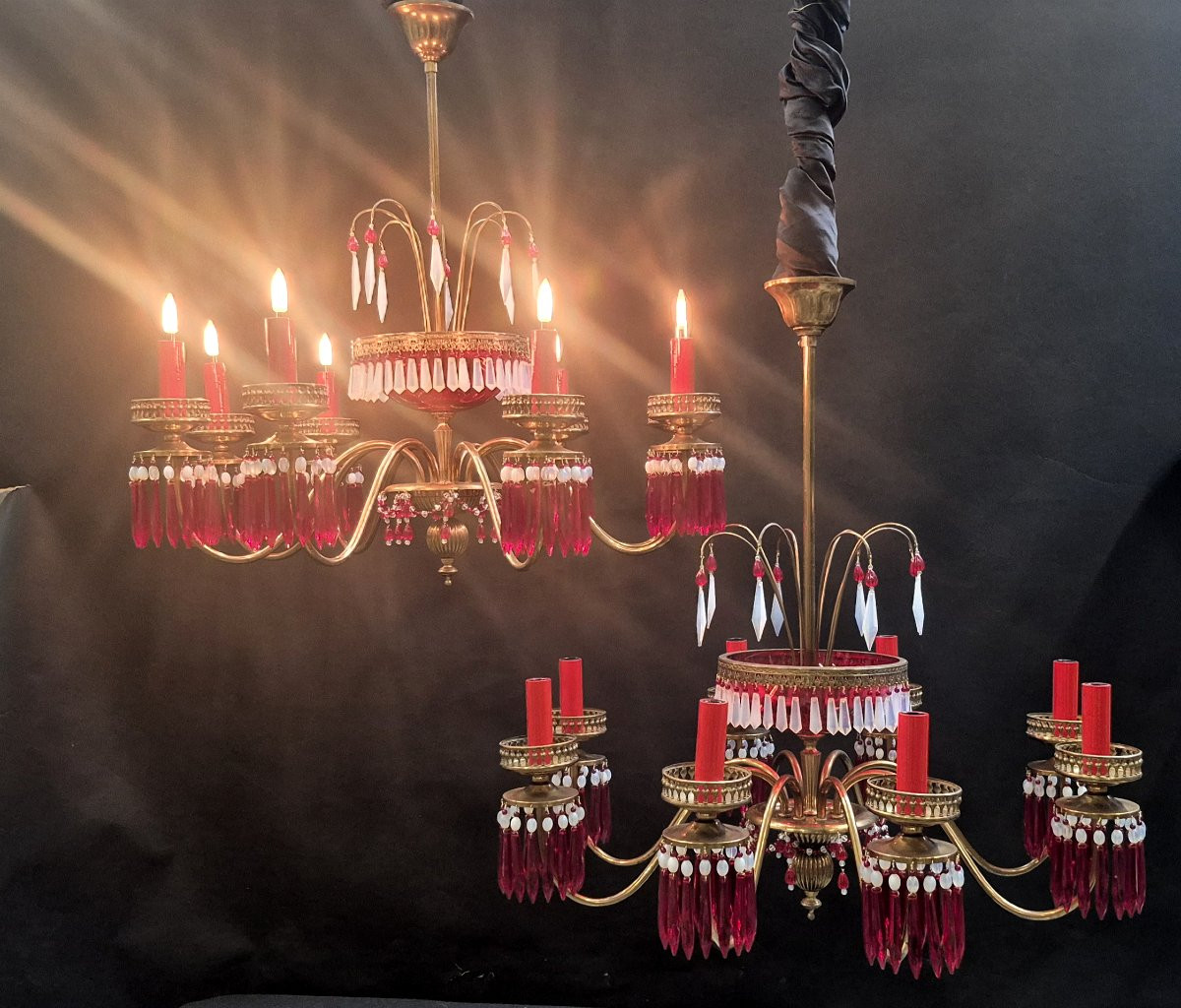 couple de lustres, années 50 opaline rose et cristal rouge, France-photo-2