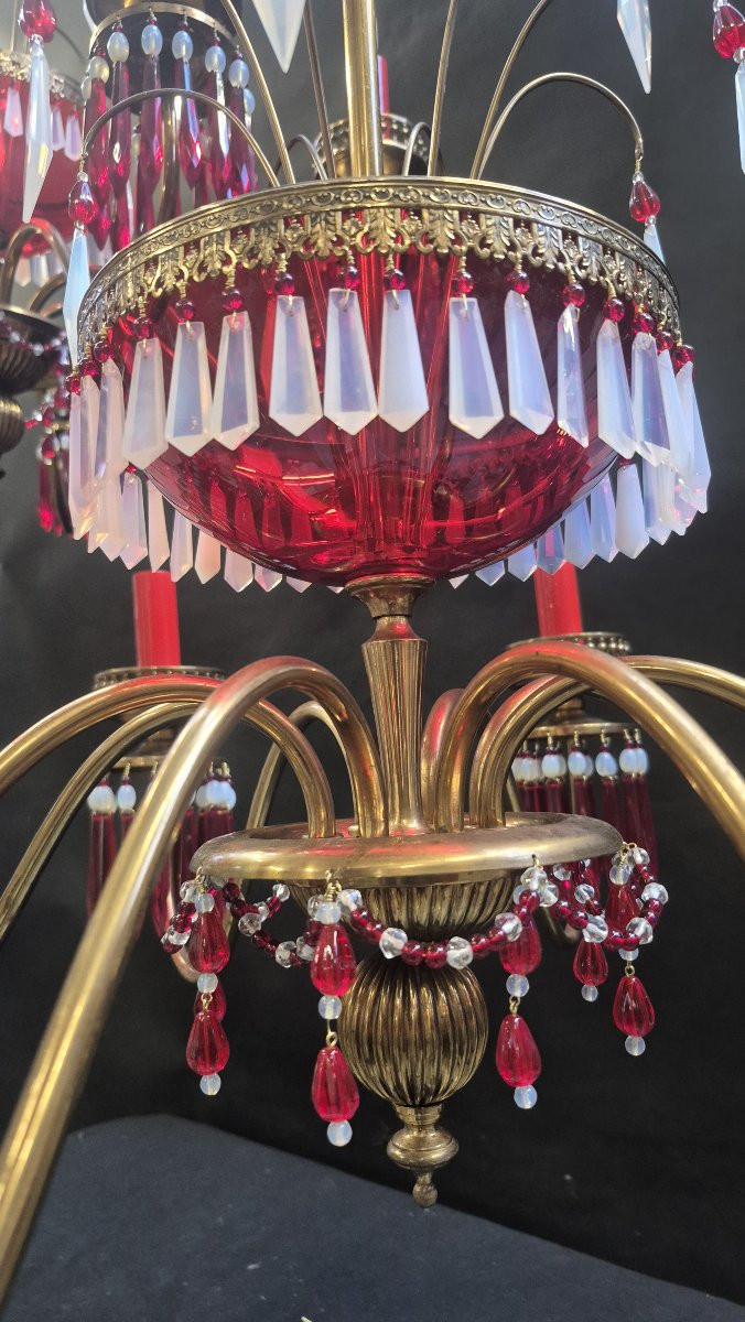couple de lustres, années 50 opaline rose et cristal rouge, France-photo-2