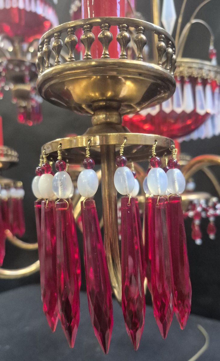 couple de lustres, années 50 opaline rose et cristal rouge, France-photo-3
