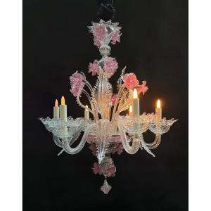 Murano Chandelier, Clear And Pink Glass, 