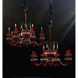 couple de lustres, années 50 opaline rose et cristal rouge, France