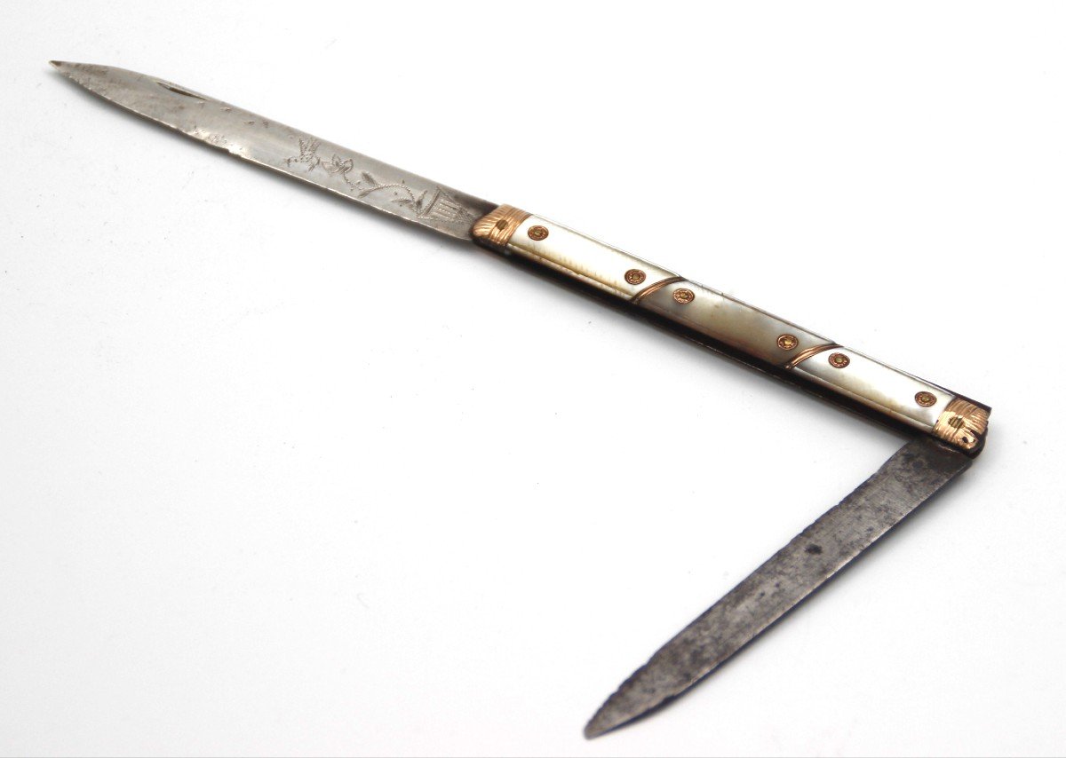 Couteau De Gentilhomme XVIII Argent, or , Nacre-photo-3