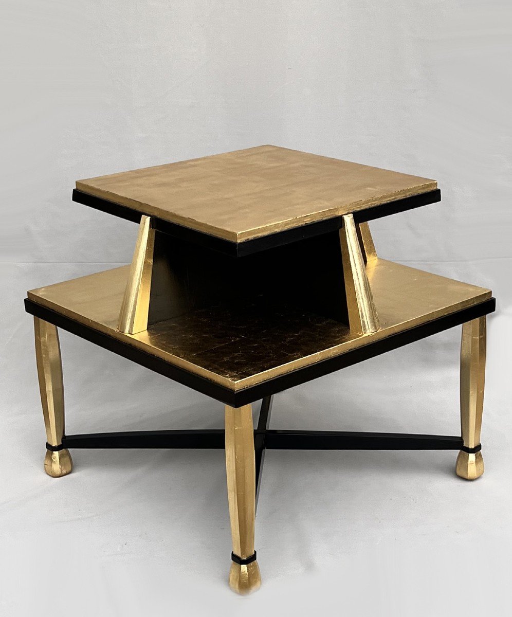 Important Art Deco Pedestal Table In Golden Wood And Black Lacquer-photo-3