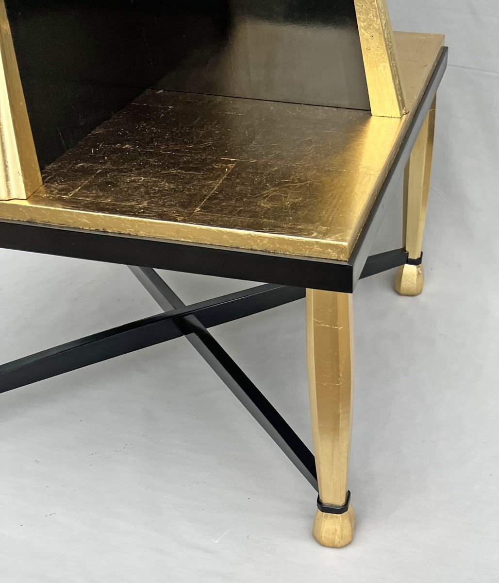 Important Art Deco Pedestal Table In Golden Wood And Black Lacquer-photo-1