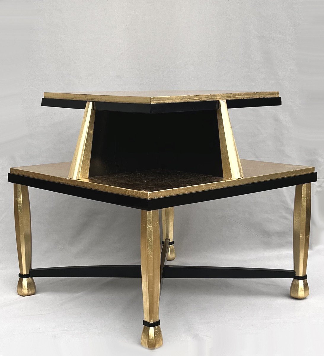 Important Art Deco Pedestal Table In Golden Wood And Black Lacquer-photo-3