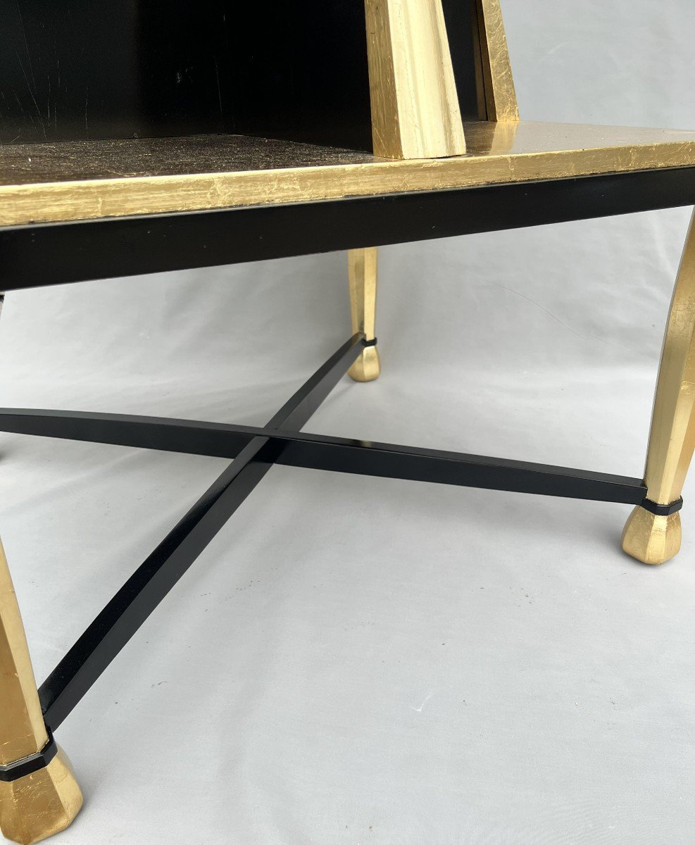 Important Art Deco Pedestal Table In Golden Wood And Black Lacquer-photo-4