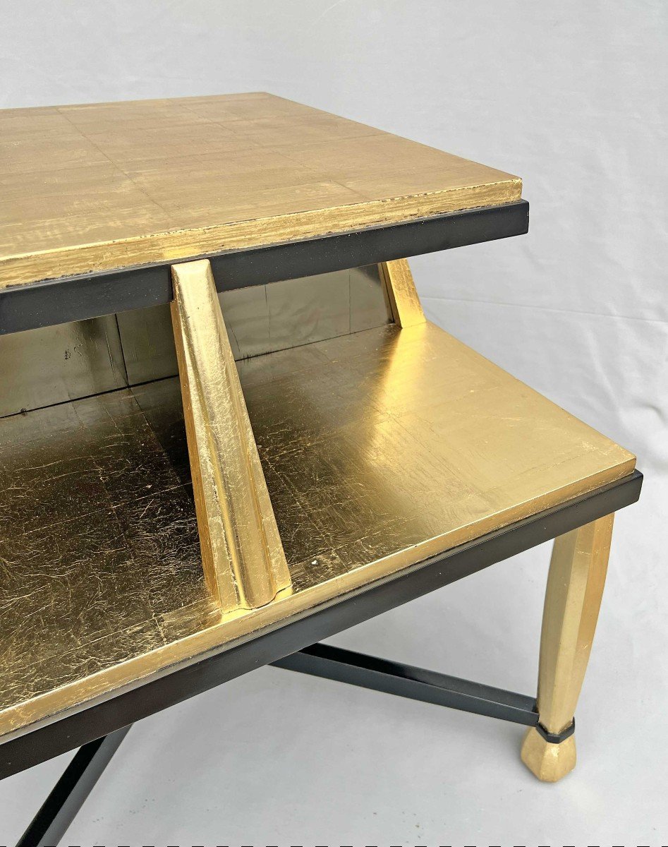 Important Art Deco Pedestal Table In Golden Wood And Black Lacquer-photo-6