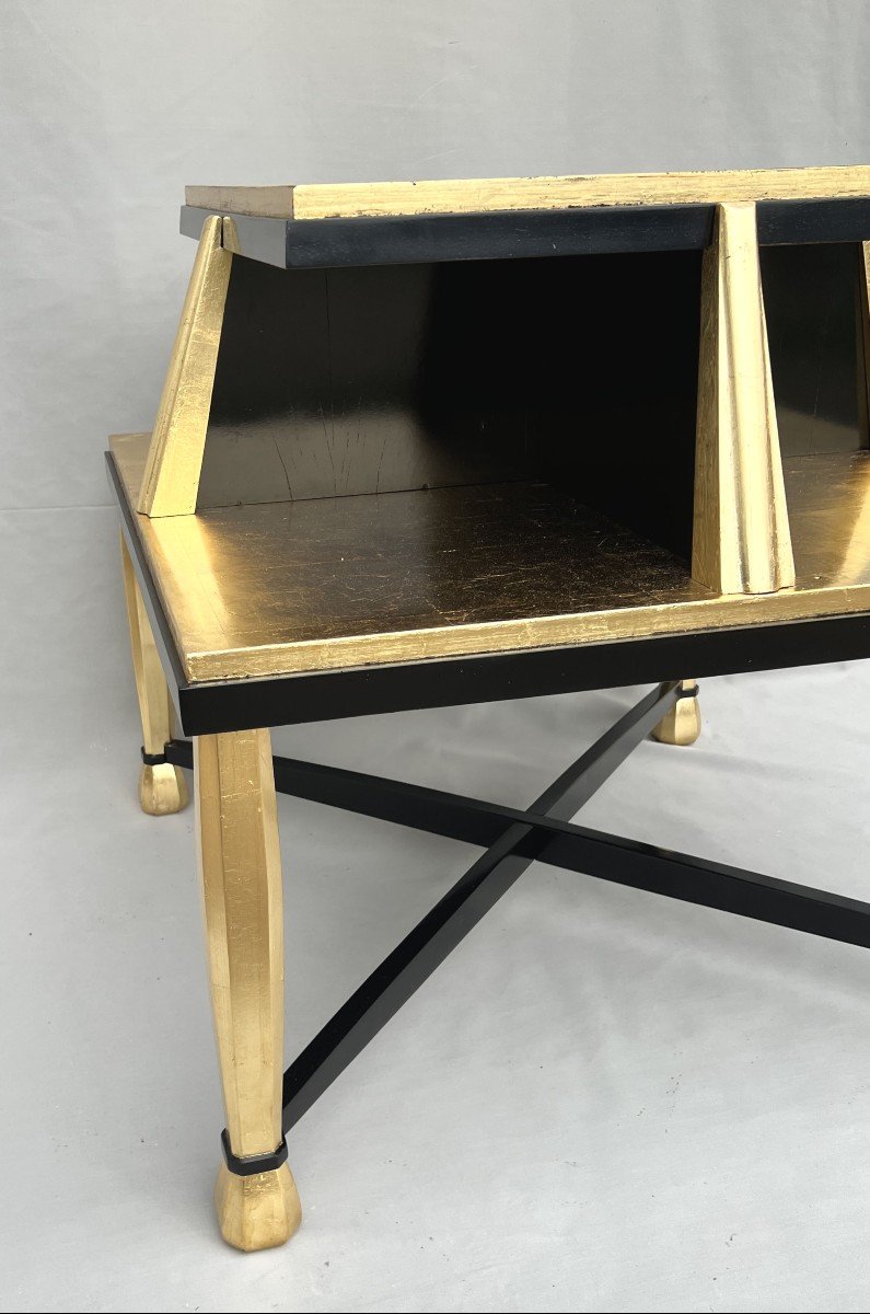 Important Art Deco Pedestal Table In Golden Wood And Black Lacquer-photo-8