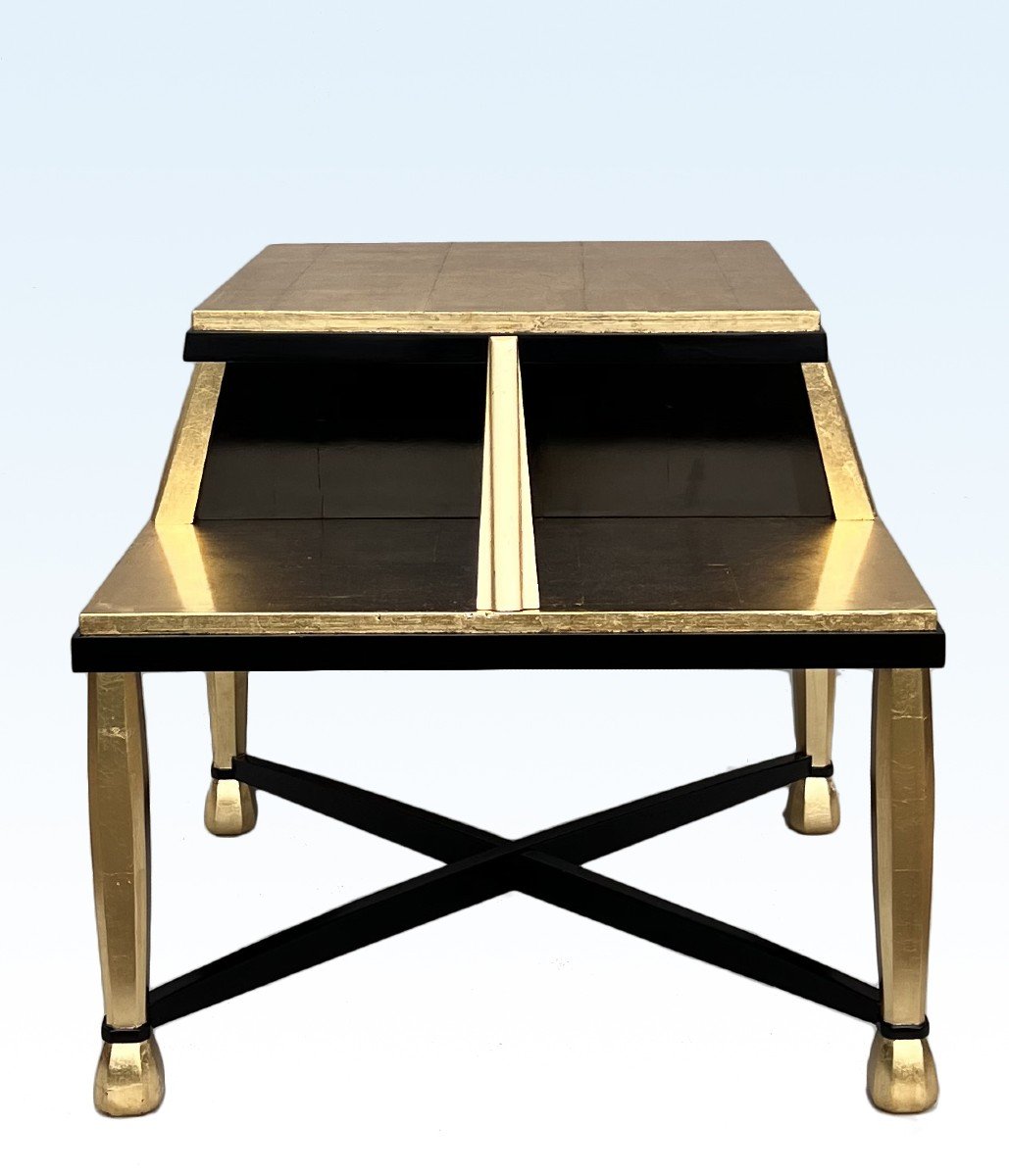 Important Art Deco Pedestal Table In Golden Wood And Black Lacquer