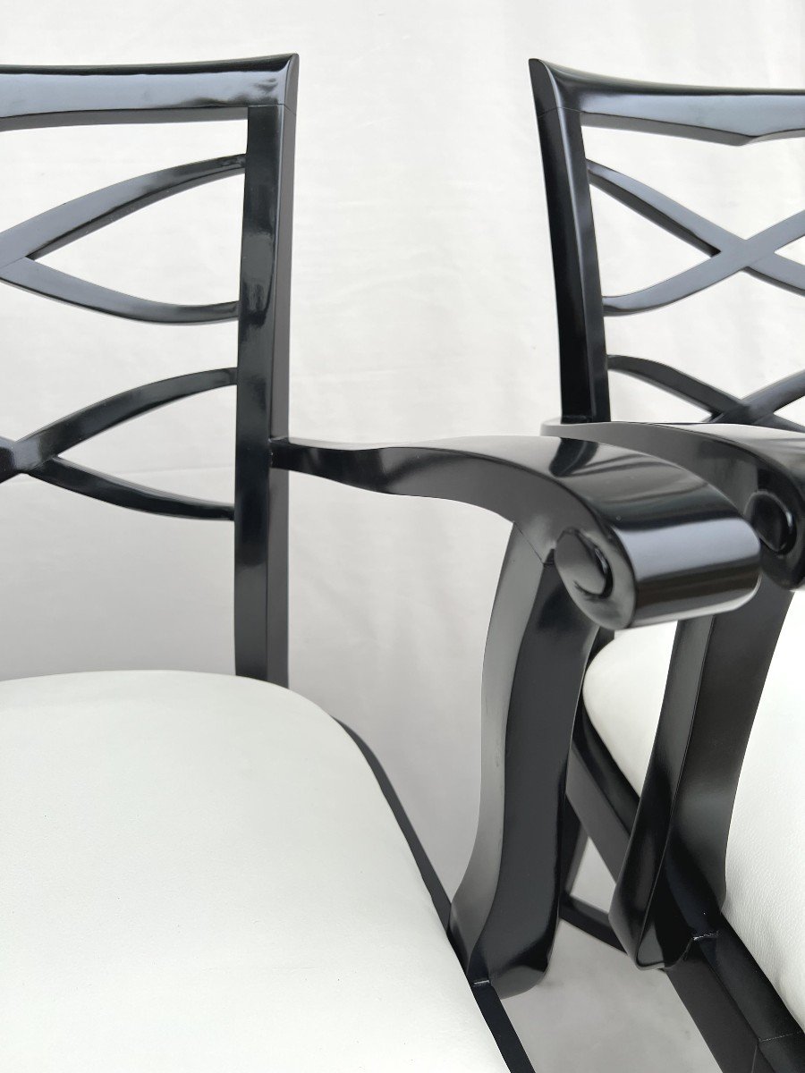 Baptistin Spade (1891-1969) Pair Of Armchairs In Black Lacquer And Ivory Leather-photo-2