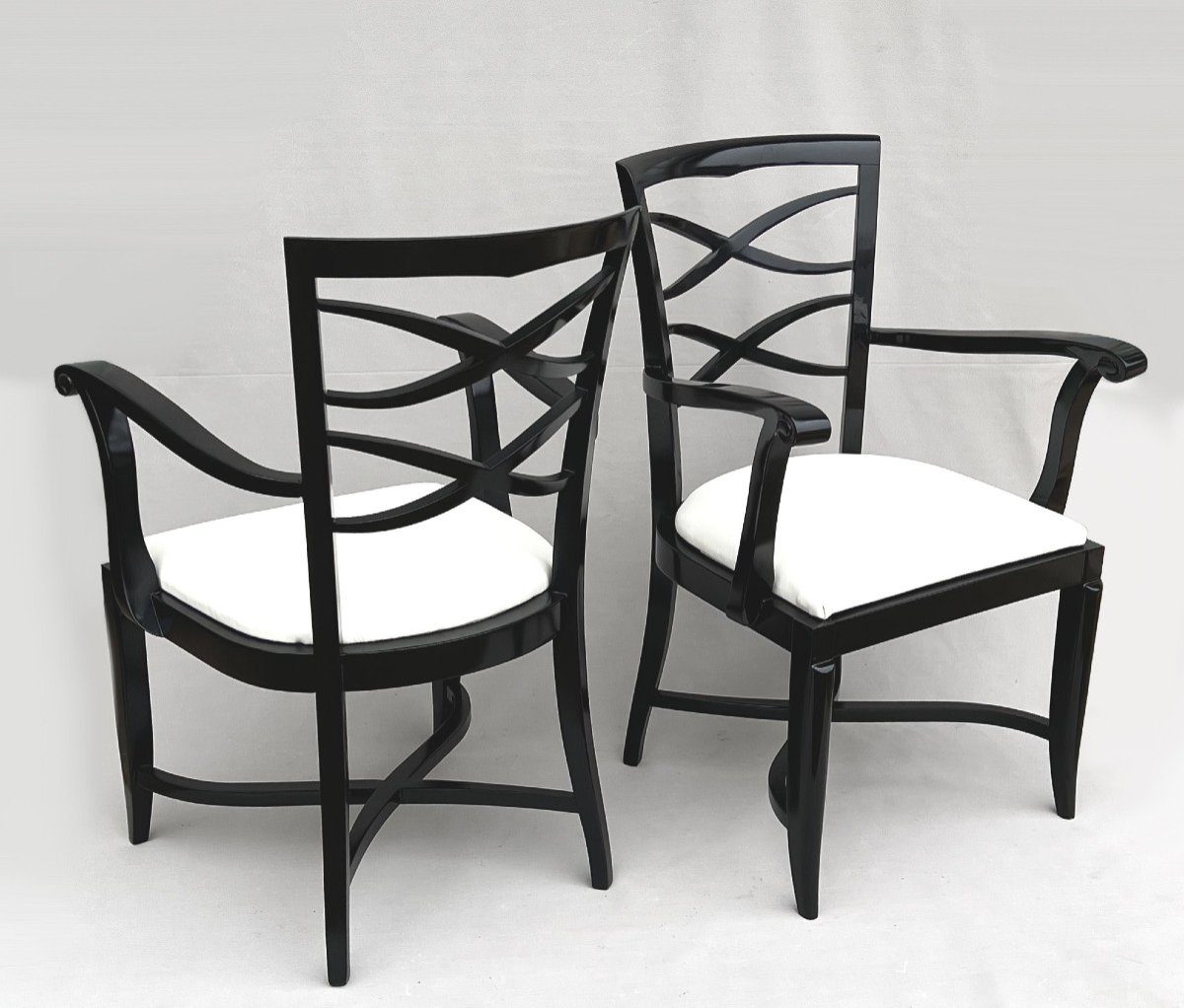 Baptistin Spade (1891-1969) Pair Of Armchairs In Black Lacquer And Ivory Leather-photo-4