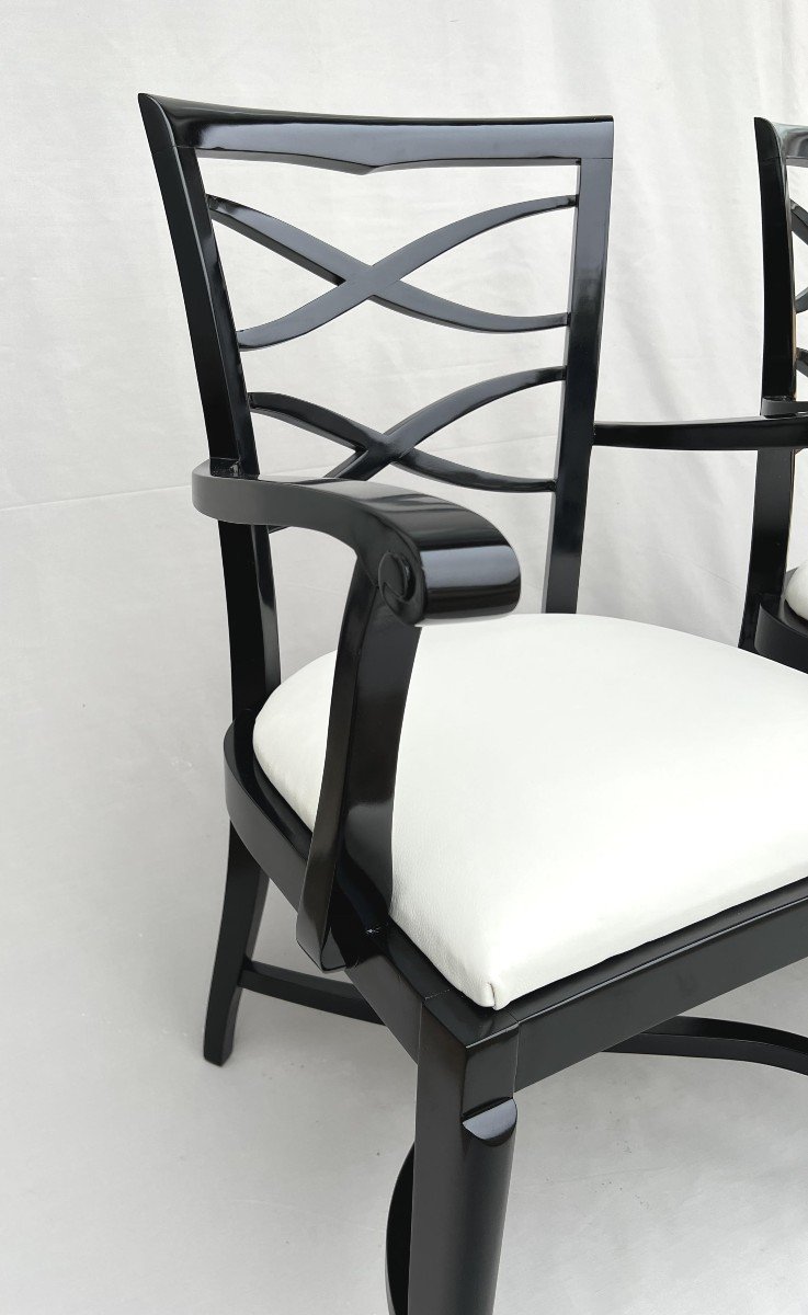 Baptistin Spade (1891-1969) Pair Of Armchairs In Black Lacquer And Ivory Leather-photo-1