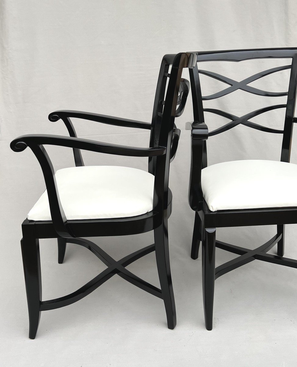 Baptistin Spade (1891-1969) Pair Of Armchairs In Black Lacquer And Ivory Leather-photo-5