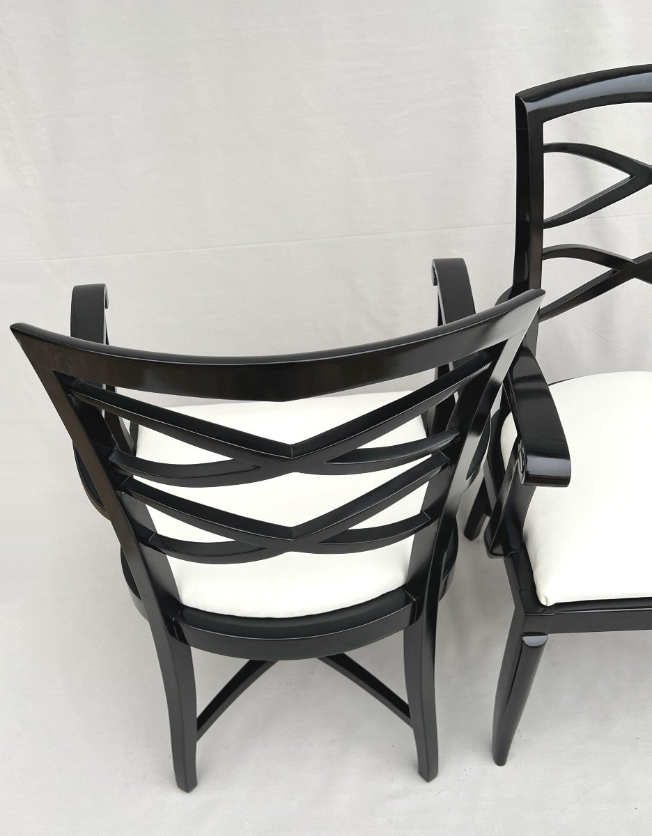 Baptistin Spade (1891-1969) Pair Of Armchairs In Black Lacquer And Ivory Leather-photo-7