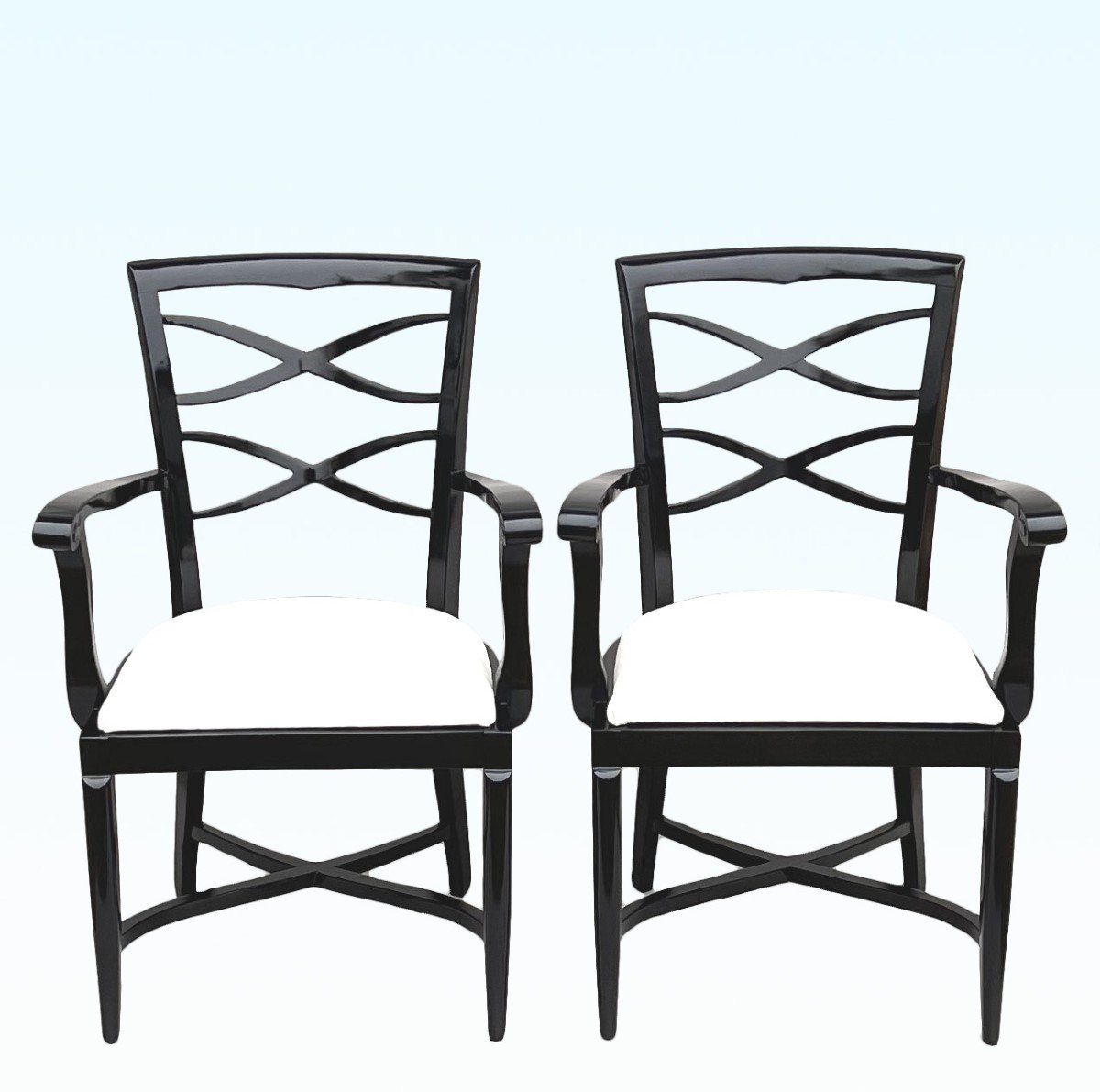 Baptistin Spade (1891-1969) Pair Of Armchairs In Black Lacquer And Ivory Leather