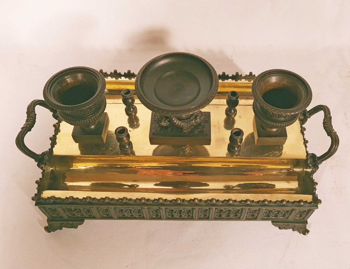 Important Writing Inkwell With Dolphins "in Bronze Restoration Period-photo-3