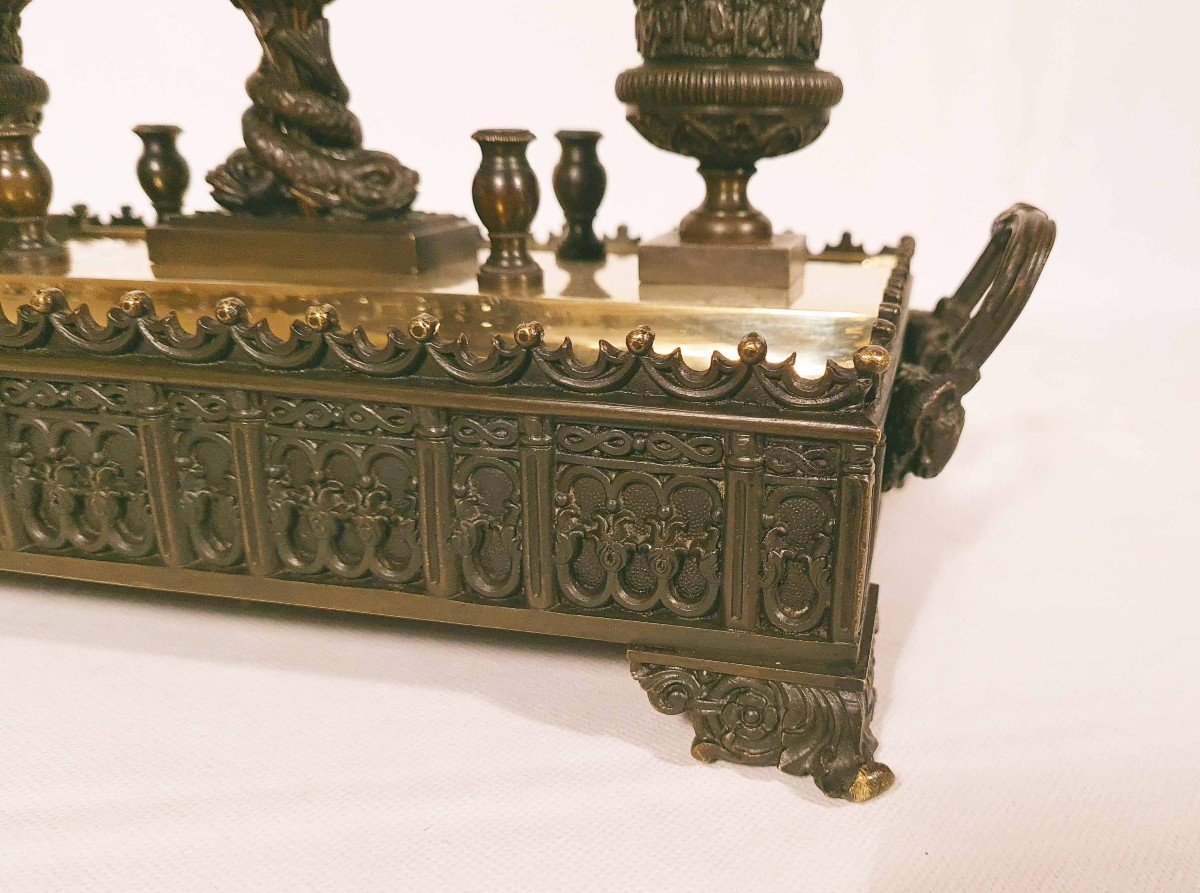 Important Writing Inkwell With Dolphins "in Bronze Restoration Period-photo-3