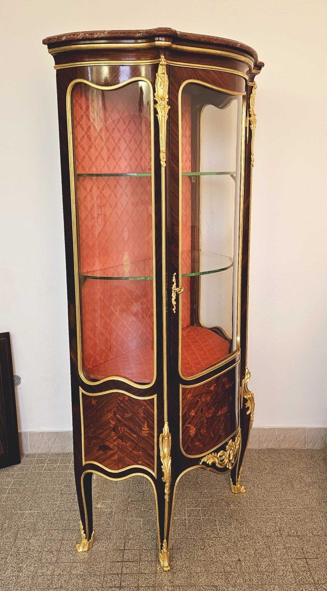 St Louis XV Curved Showcase In Marquetry And Gilt Bronze-photo-5
