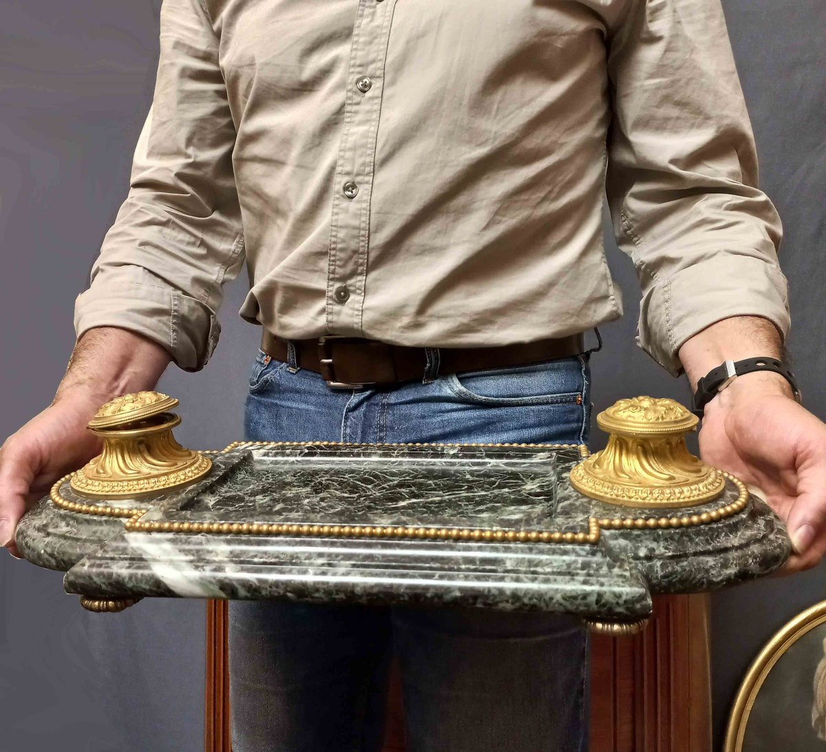Important Inkwell Gilt Bronze And Green Marble Nineteenth L 54 Cm-photo-4
