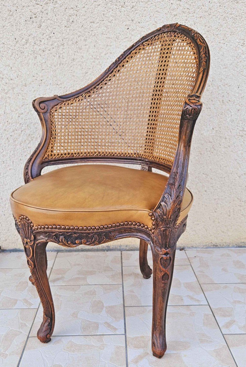 Large Fauteuil De Bureau Louis XV, Sculpt&eacute;, Cann&eacute;, Garni Cuir-photo-4