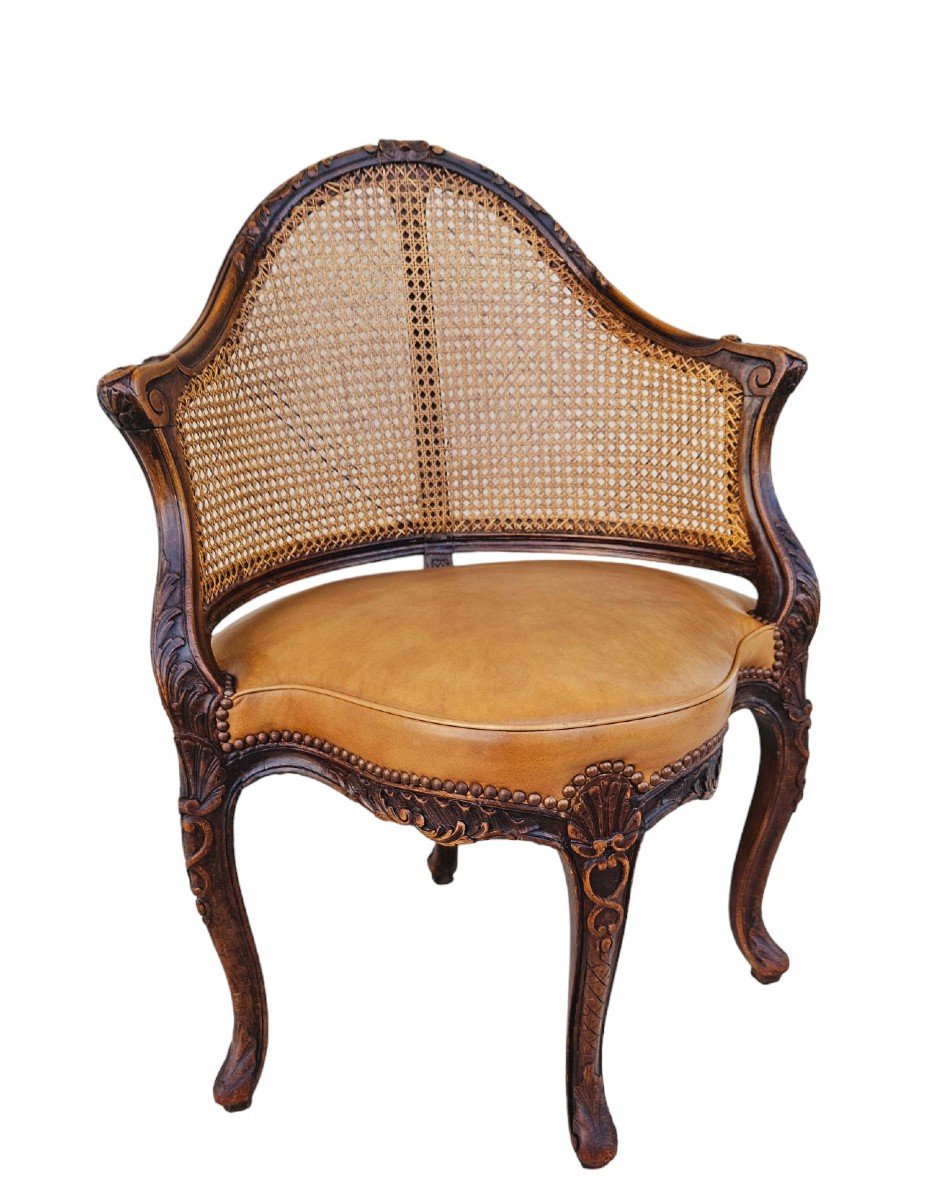 Large Fauteuil De Bureau Louis XV, Sculpt&eacute;, Cann&eacute;, Garni Cuir