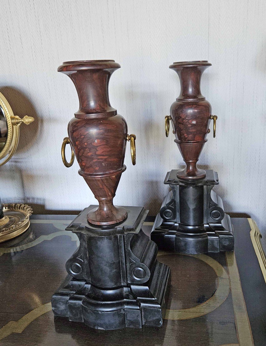 Antique Vases In Cherry Marble And Black Marble, Grand Tour, XIXth-photo-3