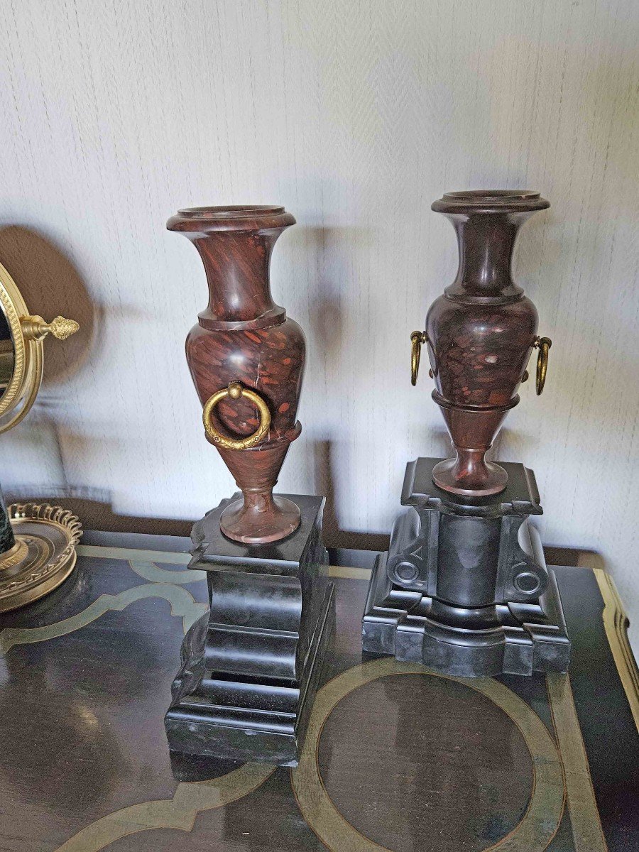 Antique Vases In Cherry Marble And Black Marble, Grand Tour, XIXth-photo-5