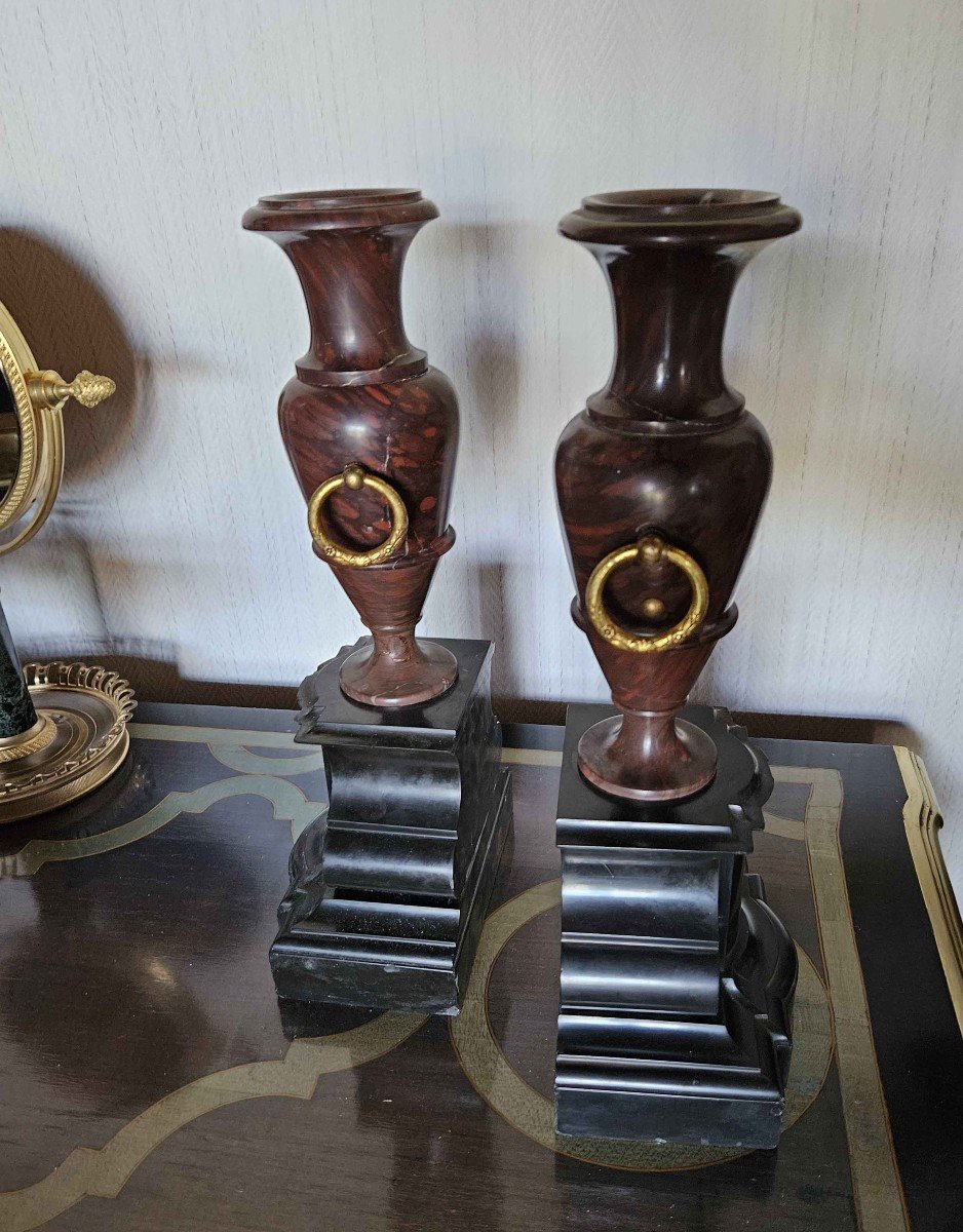 Antique Vases In Cherry Marble And Black Marble, Grand Tour, XIXth-photo-6