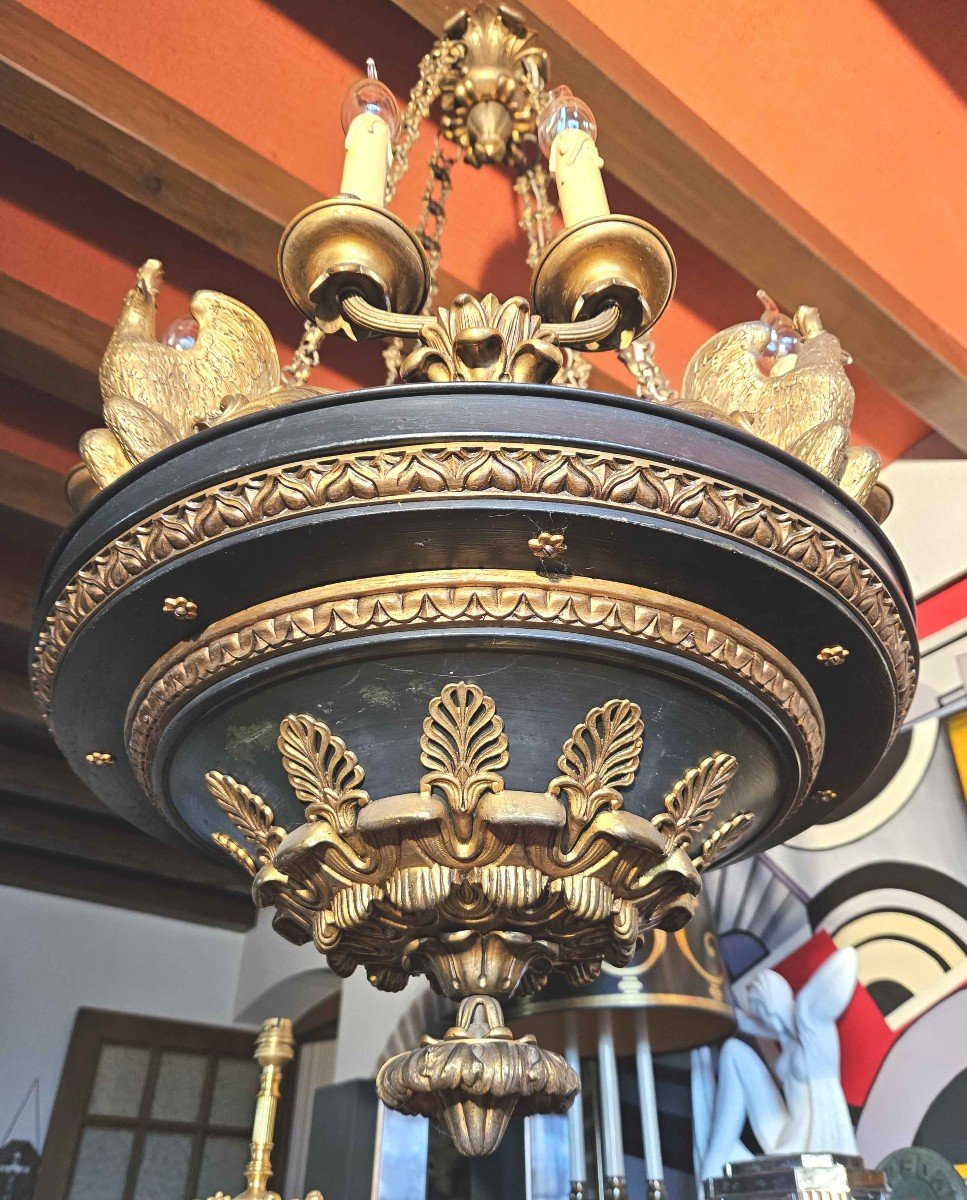 Lustre St Empire "aux aigles" En Tôle Et Bronze Doré à 8 lumières-photo-3