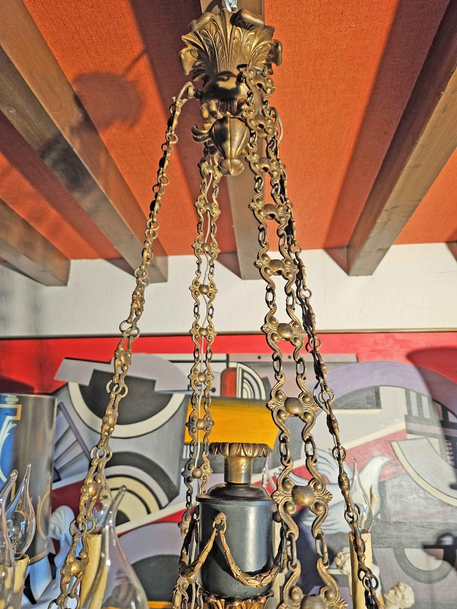 Lustre St Empire "aux aigles" En Tôle Et Bronze Doré à 8 lumières-photo-2