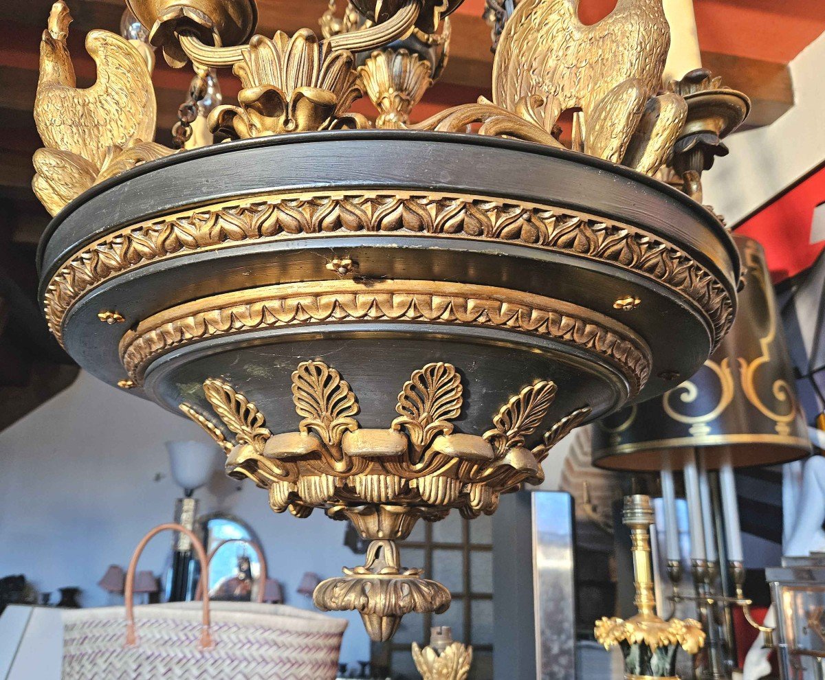 Lustre St Empire "aux aigles" En Tôle Et Bronze Doré à 8 lumières-photo-4