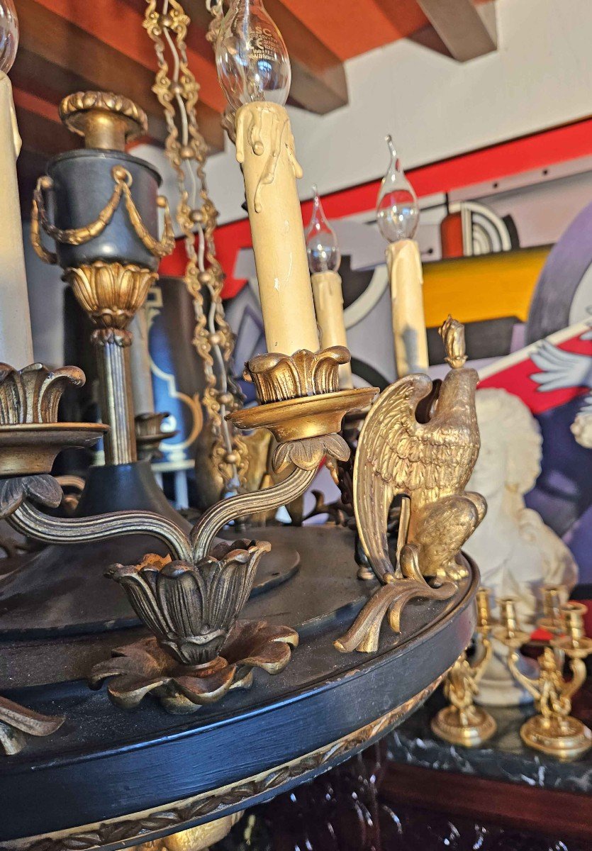Lustre St Empire "aux aigles" En Tôle Et Bronze Doré à 8 lumières-photo-7