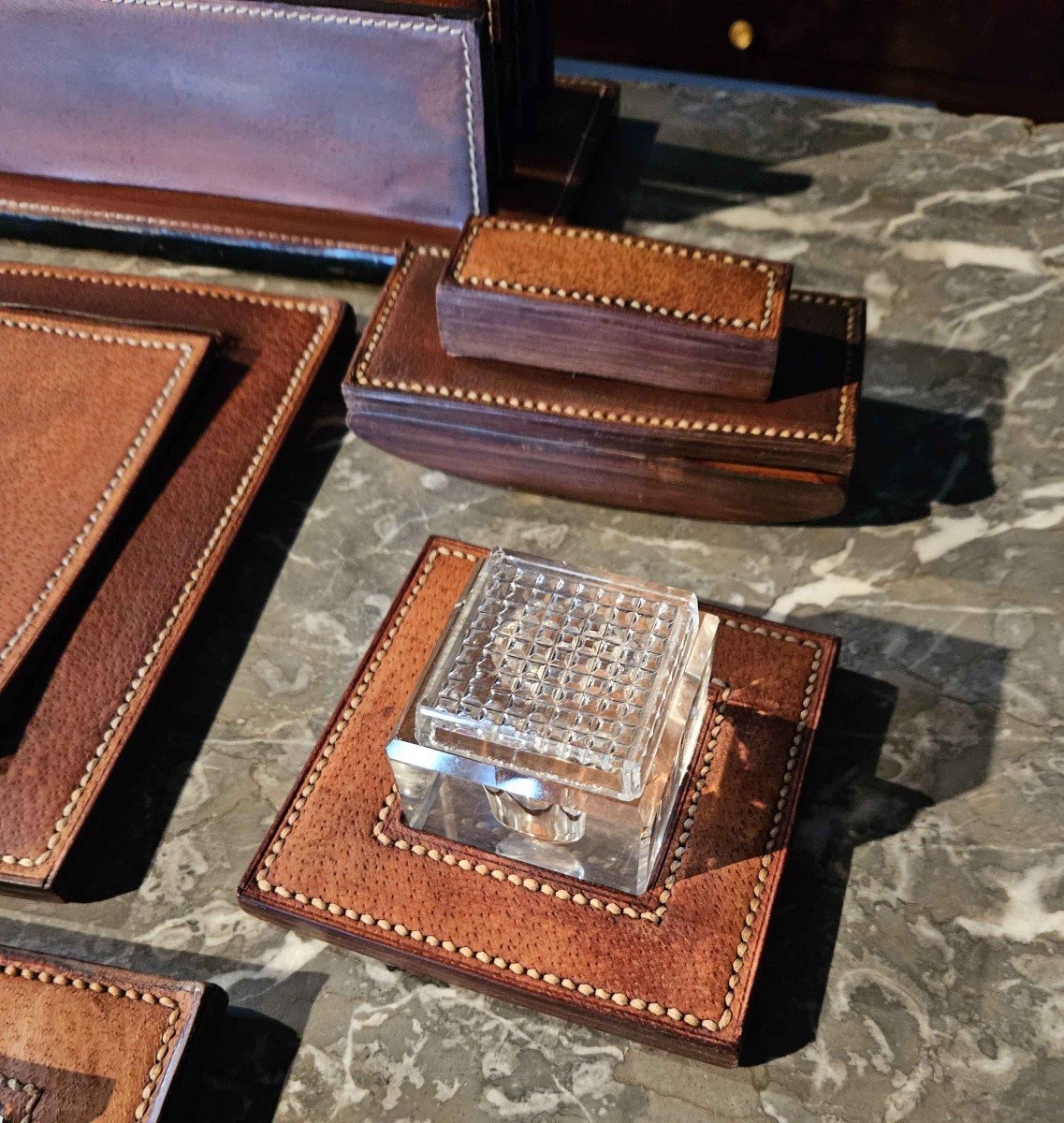 Desk Kit In Saddler Piqué Leather And Cut Glass 8 Pieces Dlg Hermès-photo-7